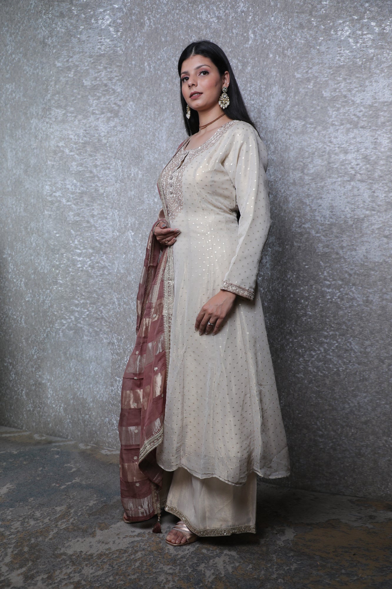 Golden Weaving Silk Handwork Short Anarkali with Sharara