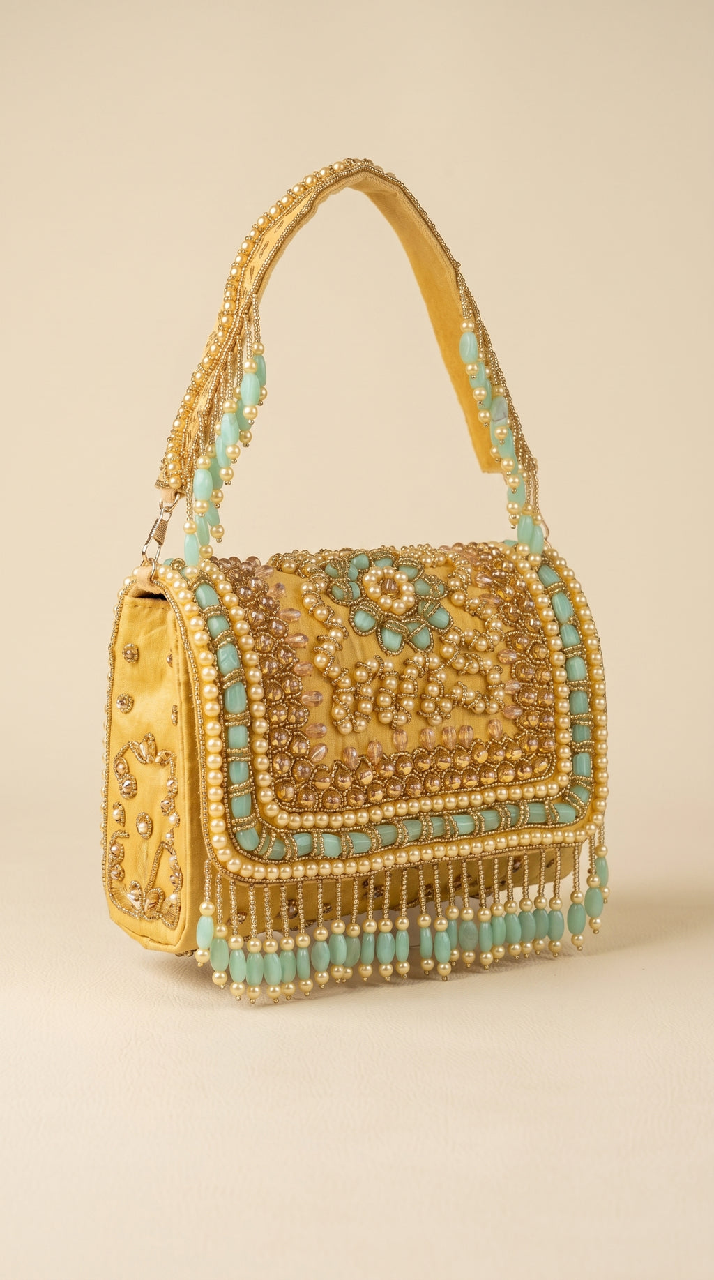 Zehra Mustard Pearl Embellished Fringe Sling Bag