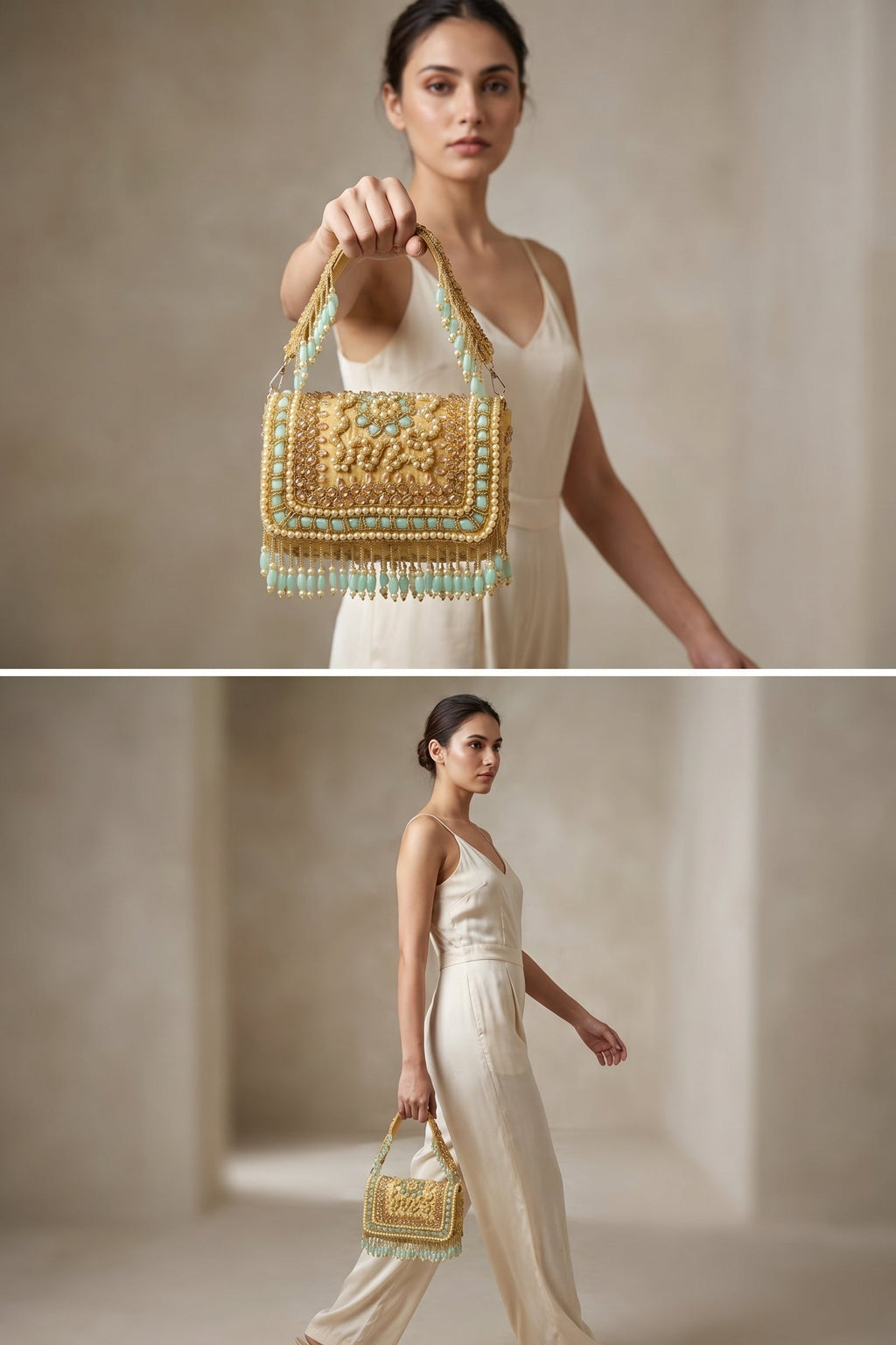 Zehra Mustard Pearl Embellished Fringe Sling Bag