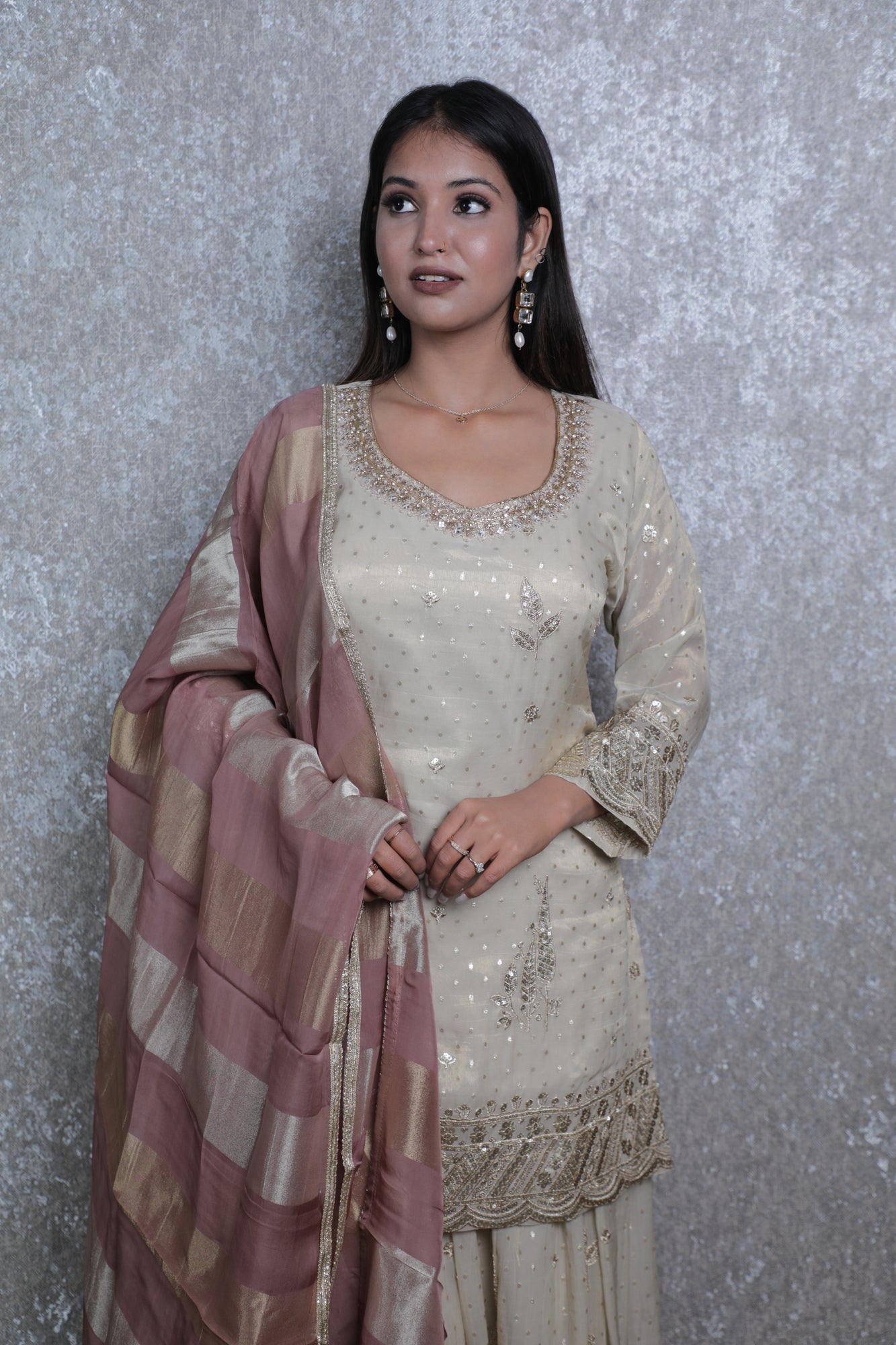 Golden Weaving Silk Handwork Short Shirt Sharara Suit