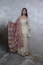 Golden Weaving Silk Handwork Short Shirt Sharara Suit