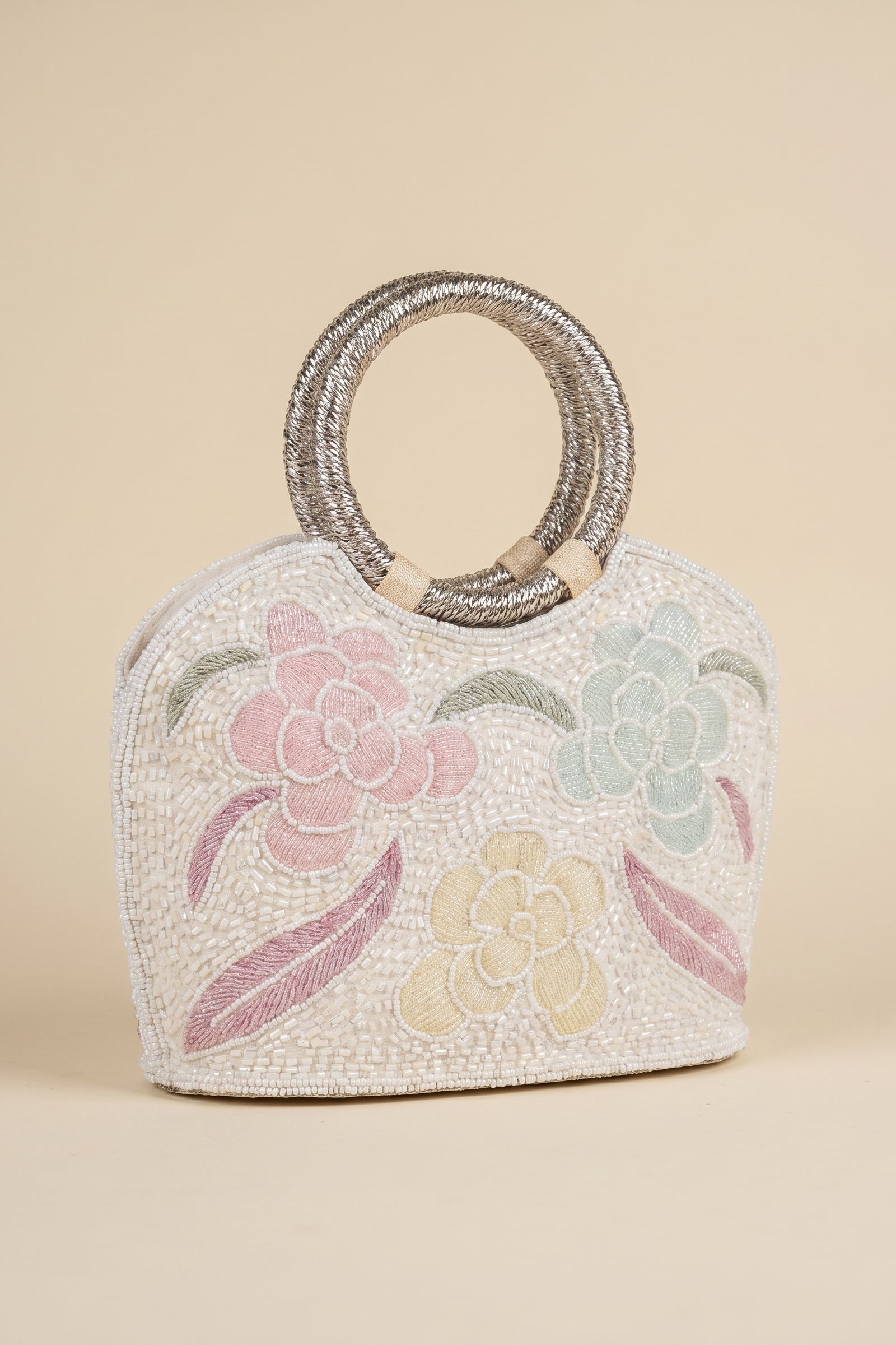 Pastel Bloom Handcrafted Beaded Ring Handle Bag