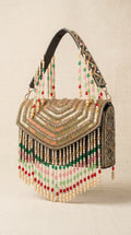 Nura Black Chevron & Beaded Fringe Sling Bag