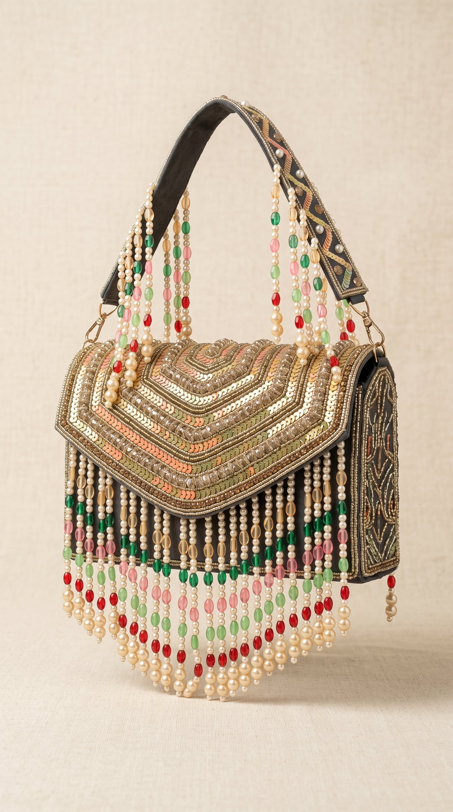 Nura Black Chevron & Beaded Fringe Sling Bag