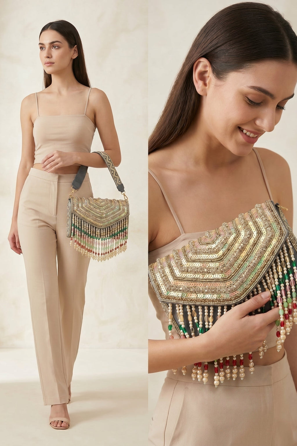Nura Black Chevron & Beaded Fringe Sling Bag