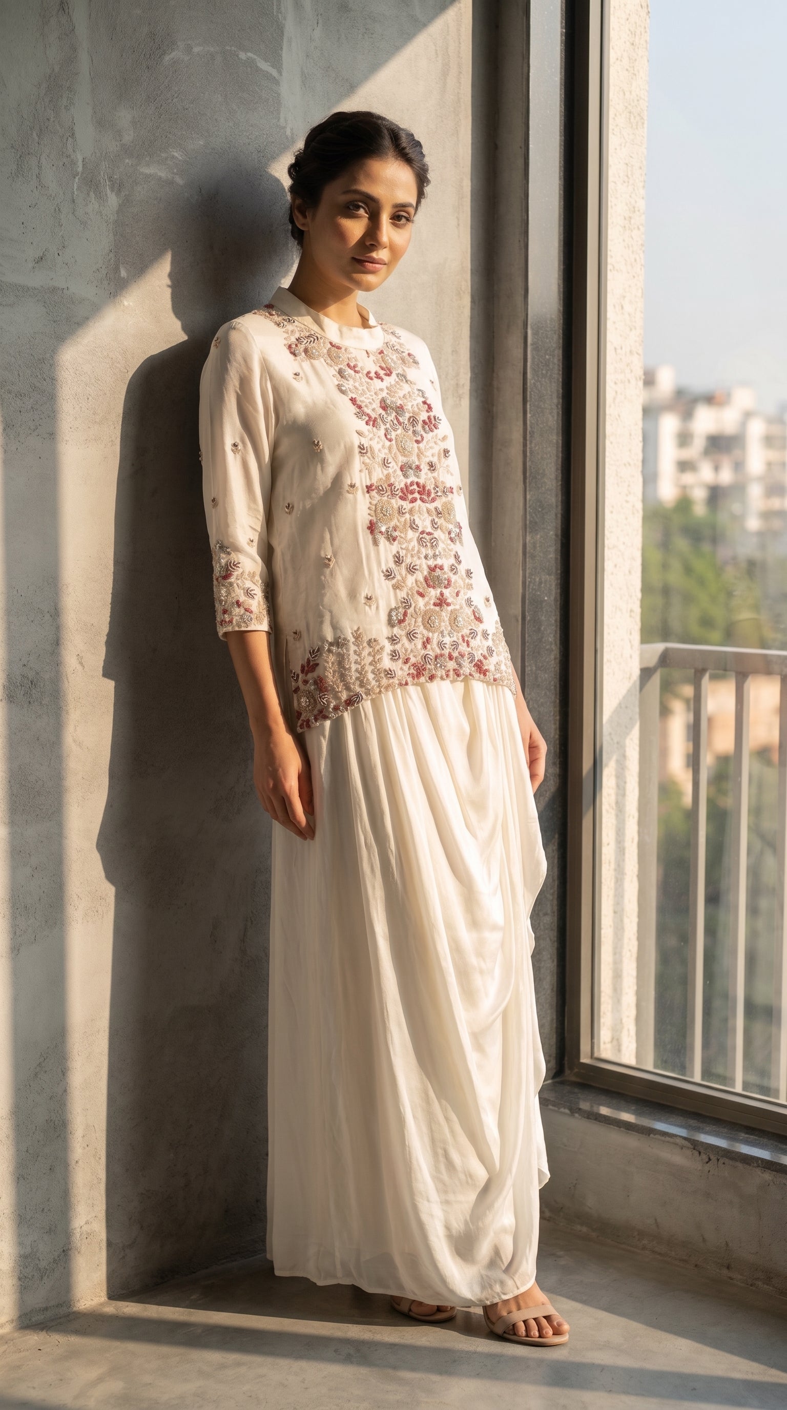 Nooré Gris Crepe Dhoti Shirt Set