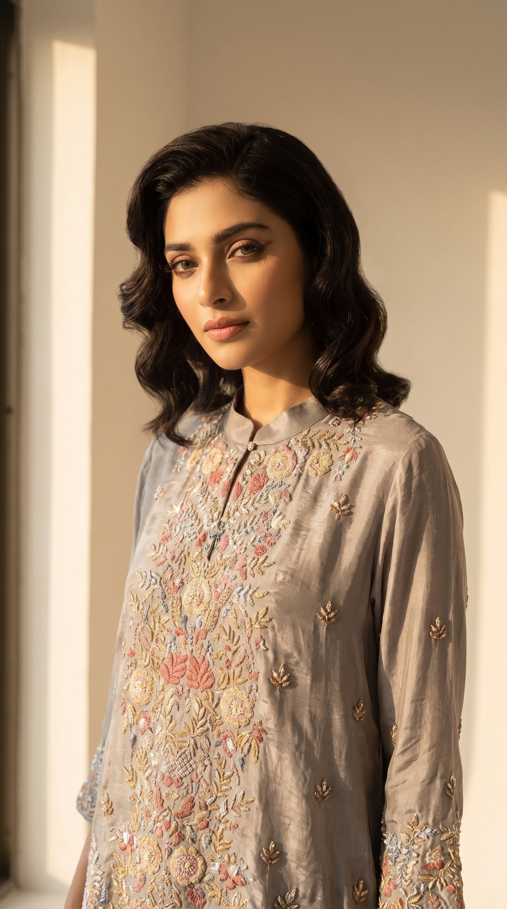 Nooré Gris Crepe Dhoti Shirt Set