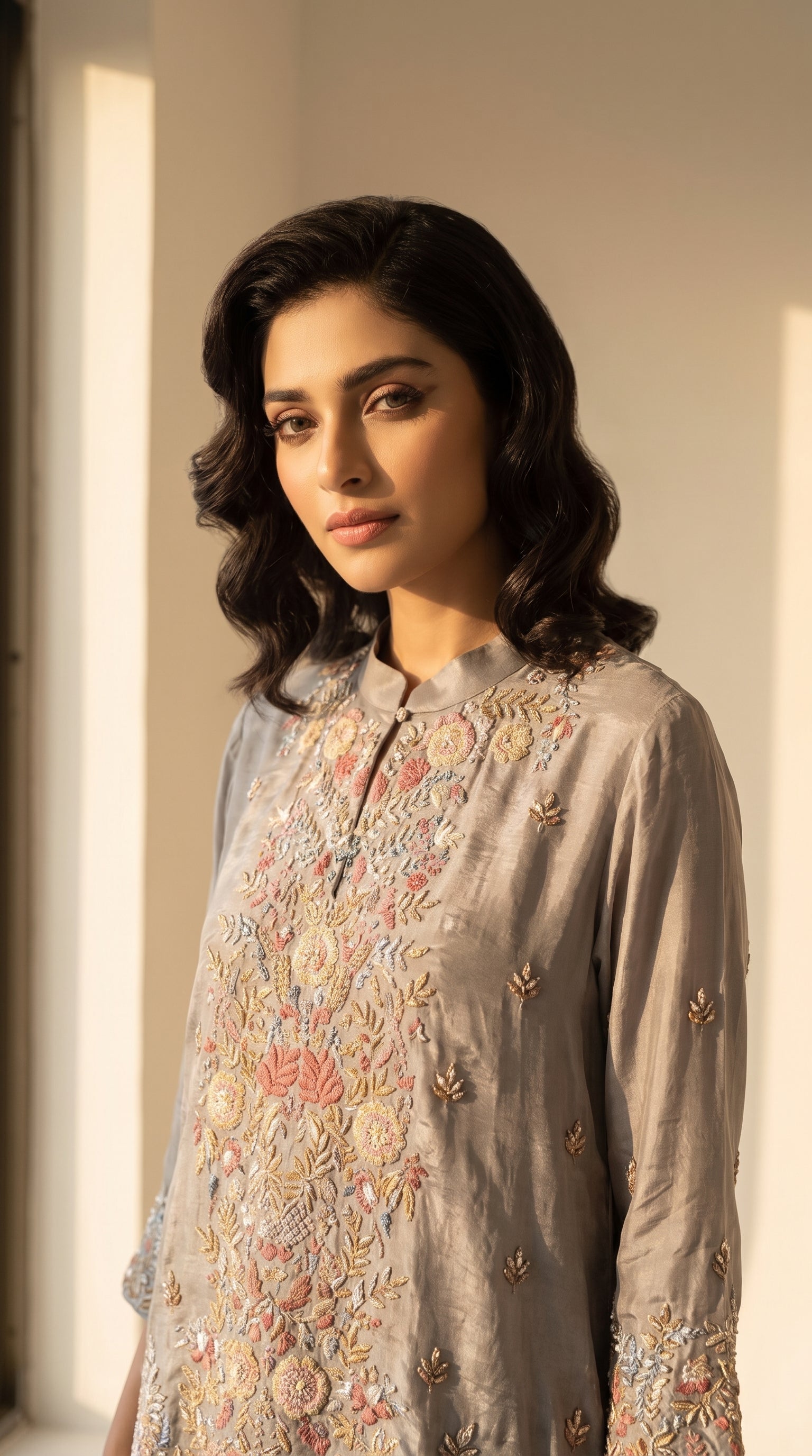 Nooré Gris Crepe Dhoti Shirt Set
