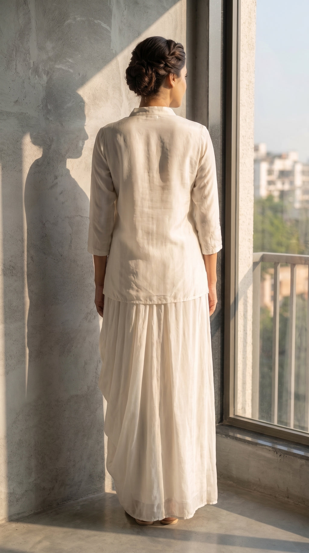 Nooré Gris Crepe Dhoti Shirt Set