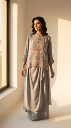 Nooré Gris Crepe Dhoti Shirt Set