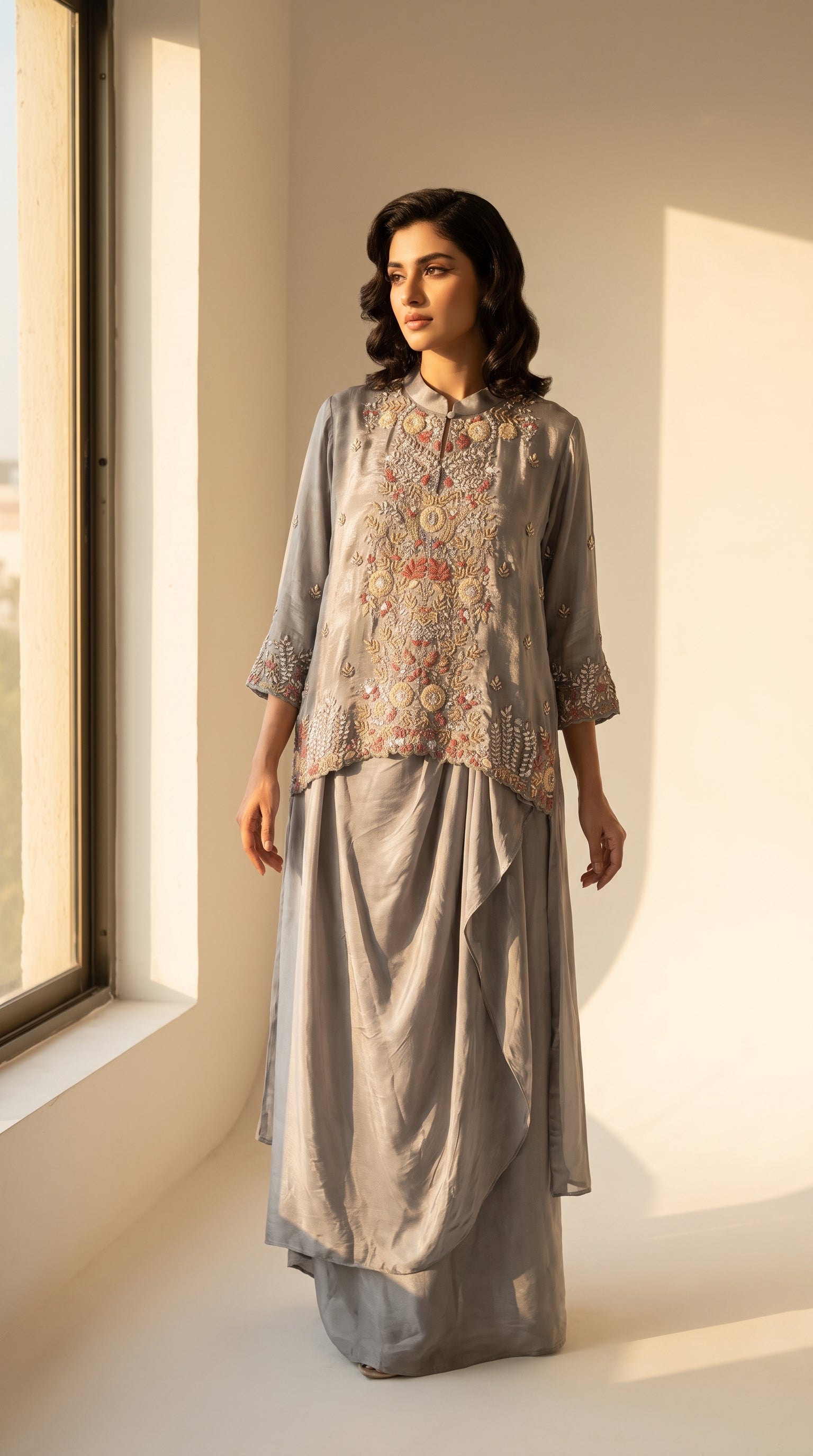 Nooré Gris Crepe Dhoti Shirt Set