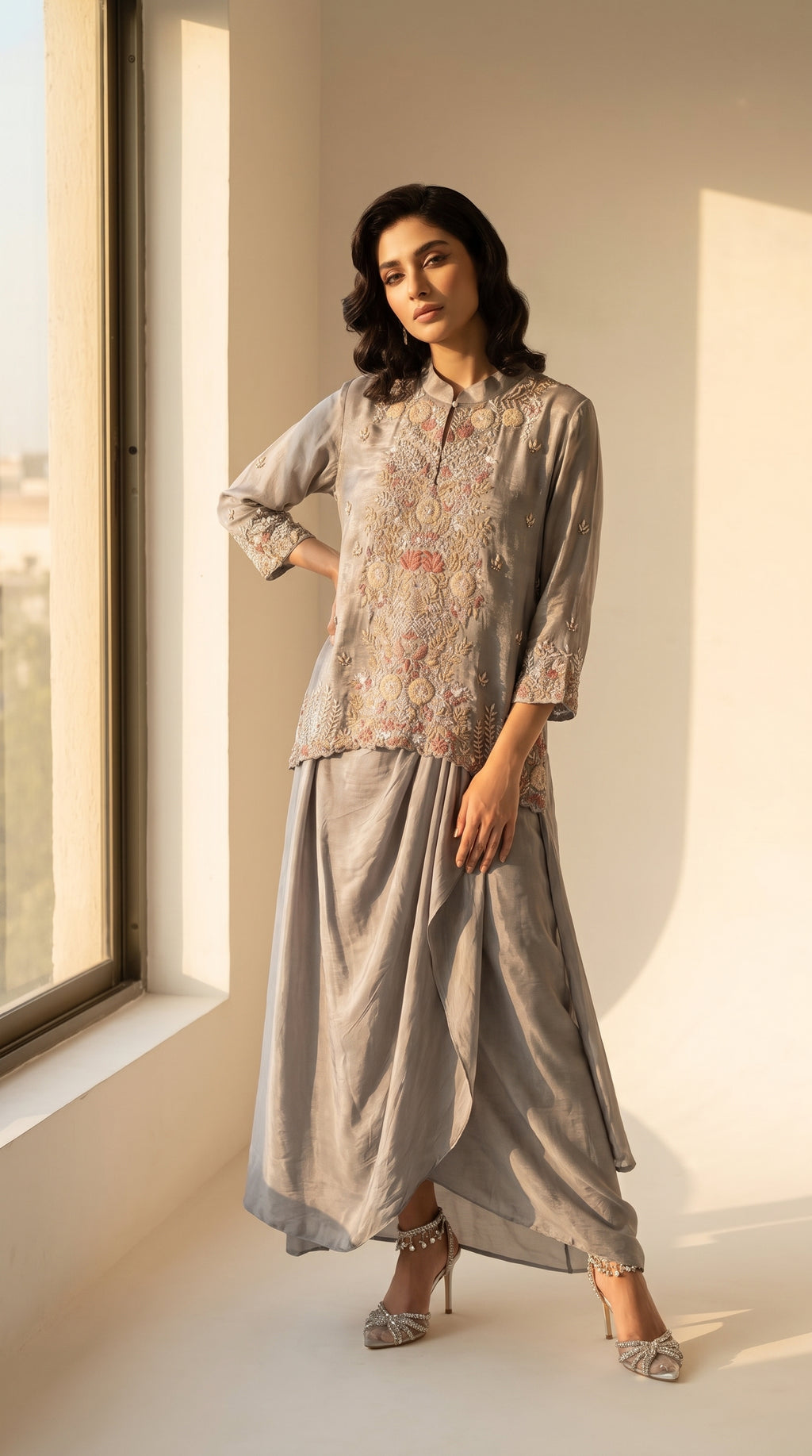 Nooré Gris Crepe Dhoti Shirt Set