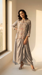 Nooré Gris Crepe Dhoti Shirt Set