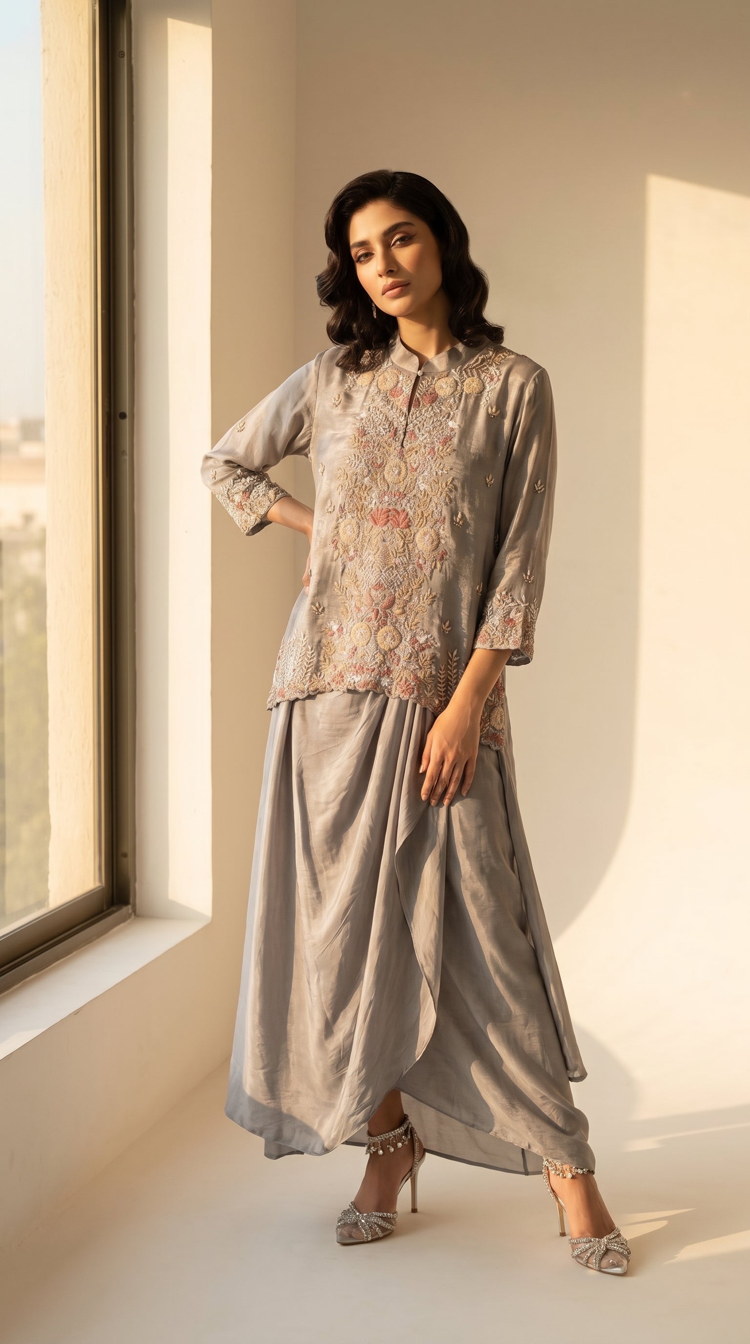 Nooré Gris Crepe Dhoti Shirt Set