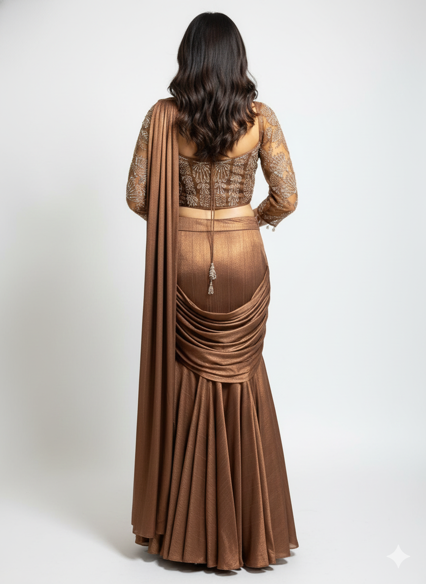 Brown Crop-Top Corset Party Lehenga Set