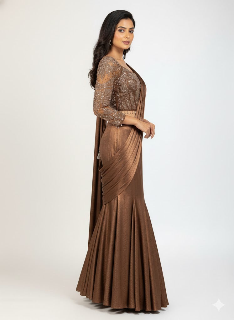 Brown Crop-Top Corset Party Lehenga Set