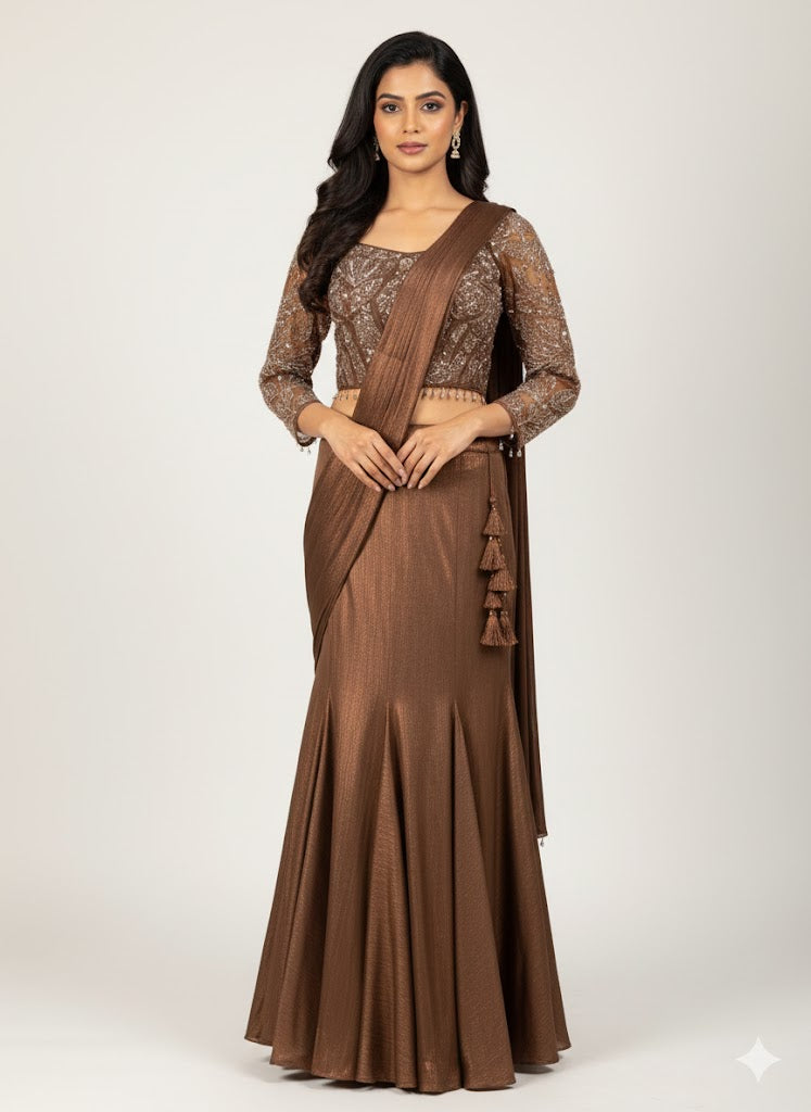 Peach Crop-Top Corset Party Lehenga Set