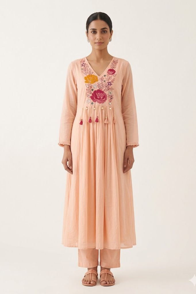 Peach Blossom Embroidered Kurta Set