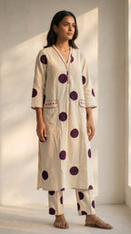 Zareen Ivory Cotton Purple Polka Kurta Set