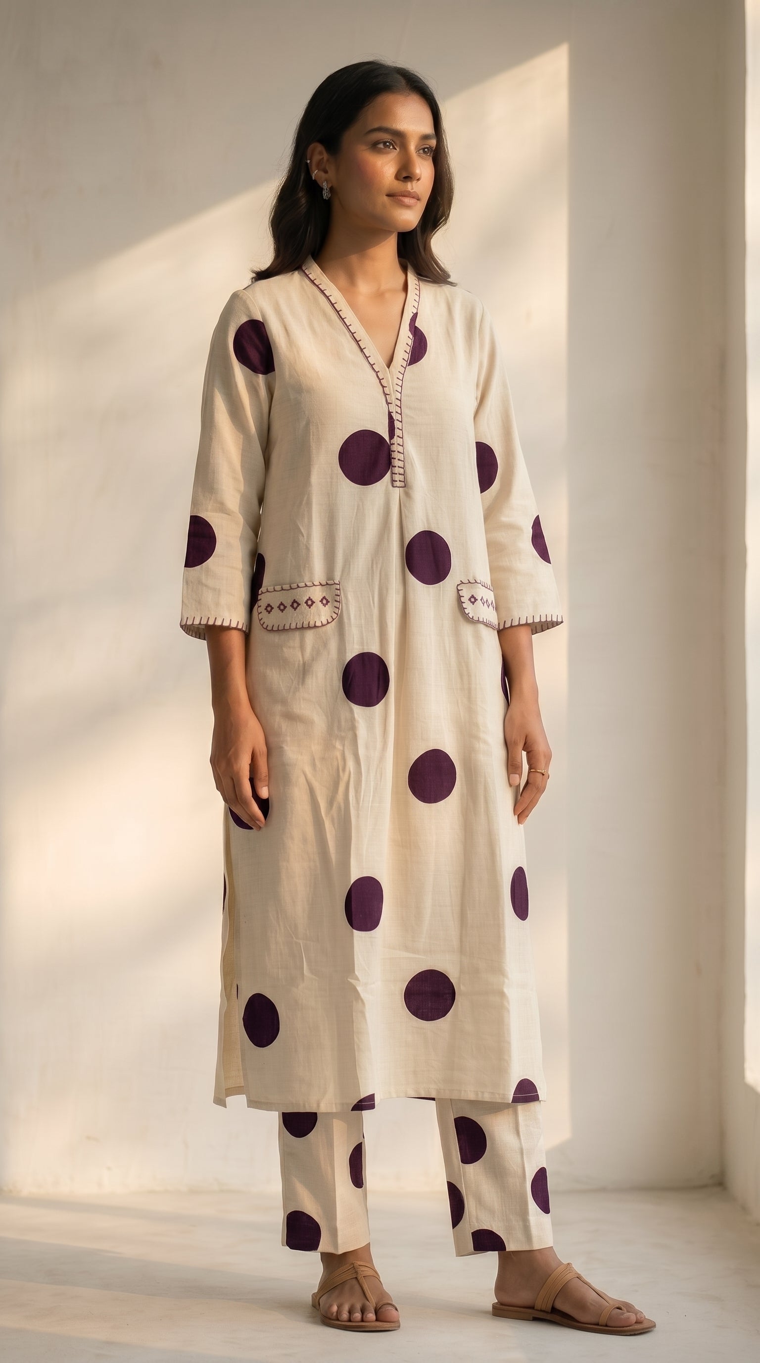 Zareen Ivory Cotton Purple Polka Kurta Set