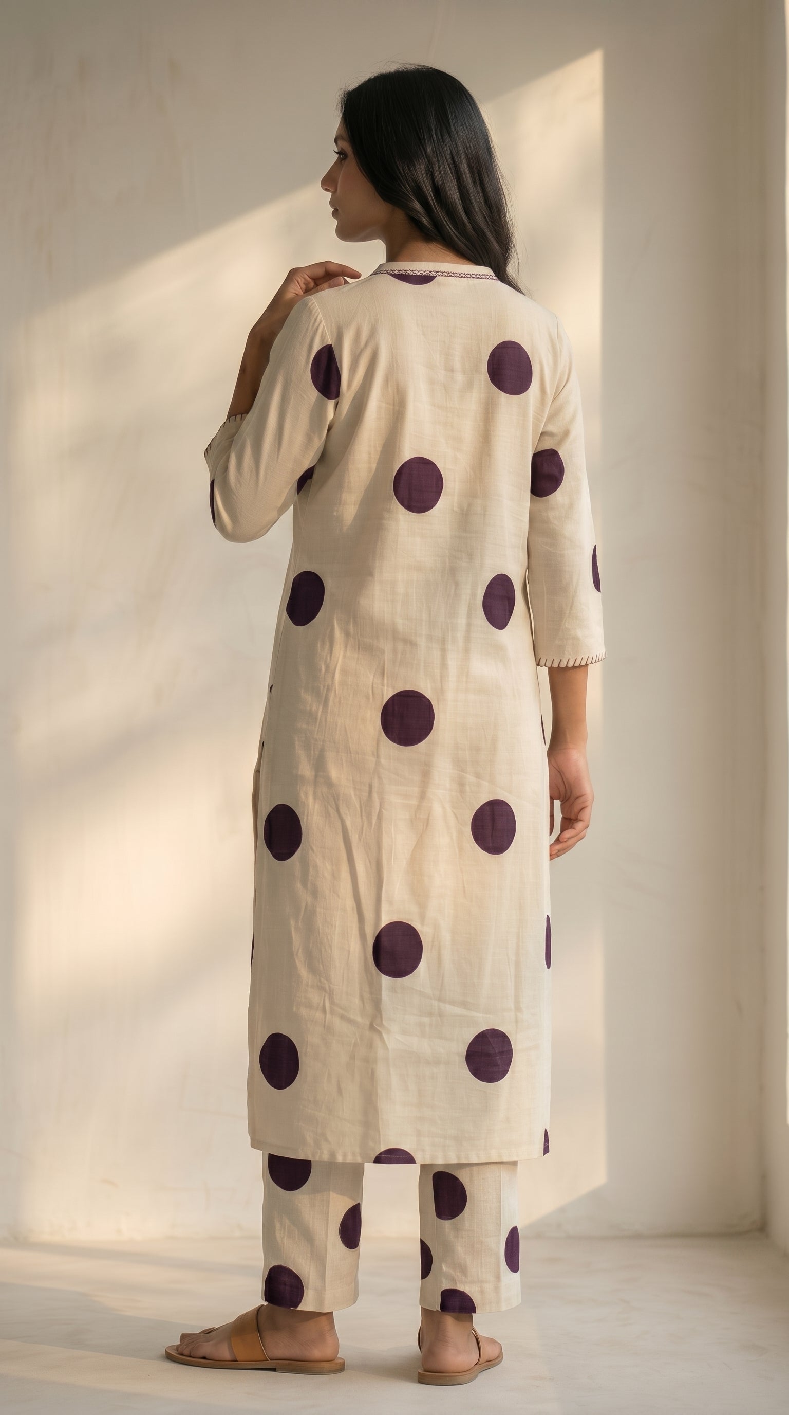 Zareen Ivory Cotton Purple Polka Kurta Set