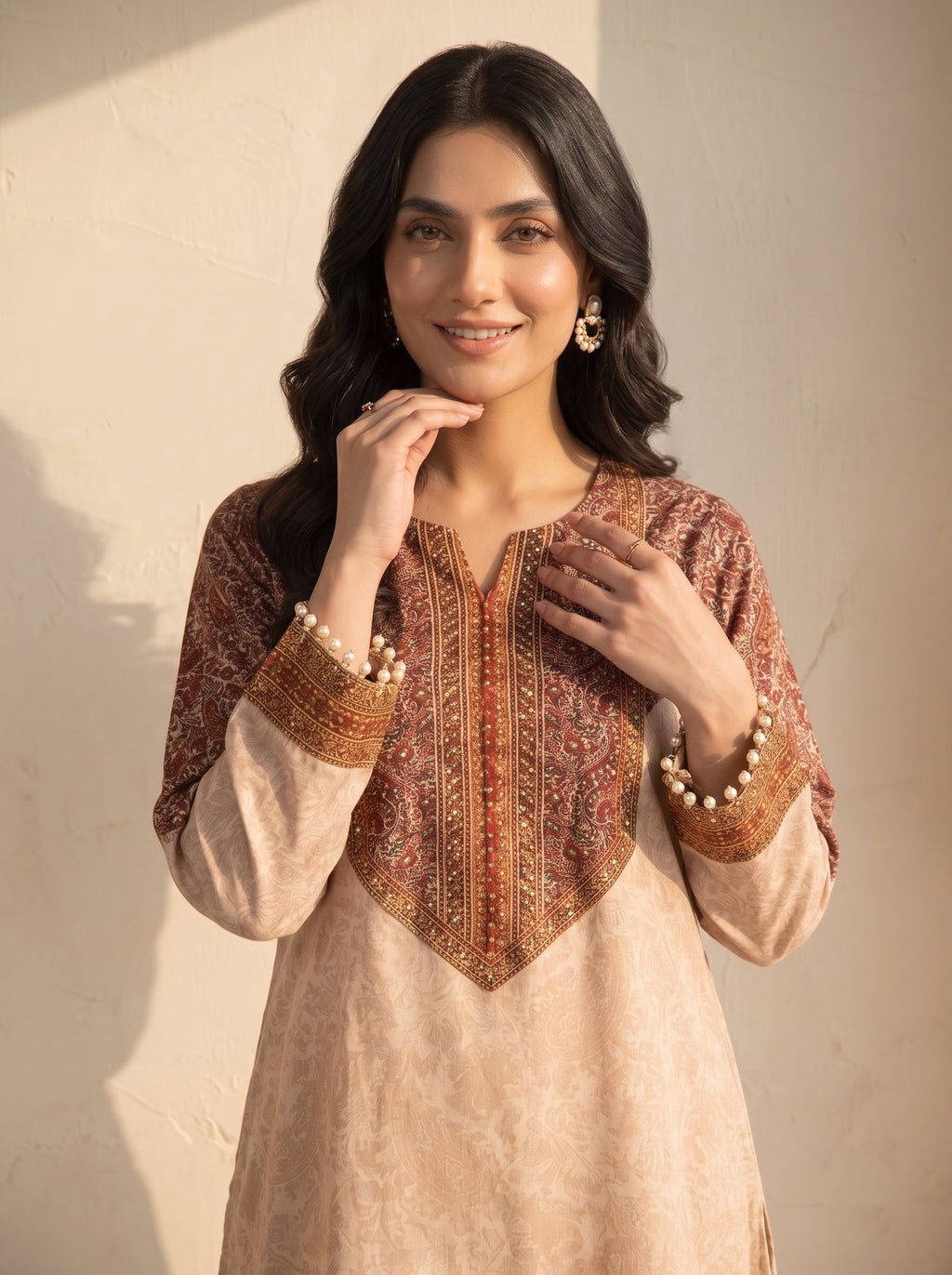 Nazneen Beige Chanderi Asymmetric Kurta Set