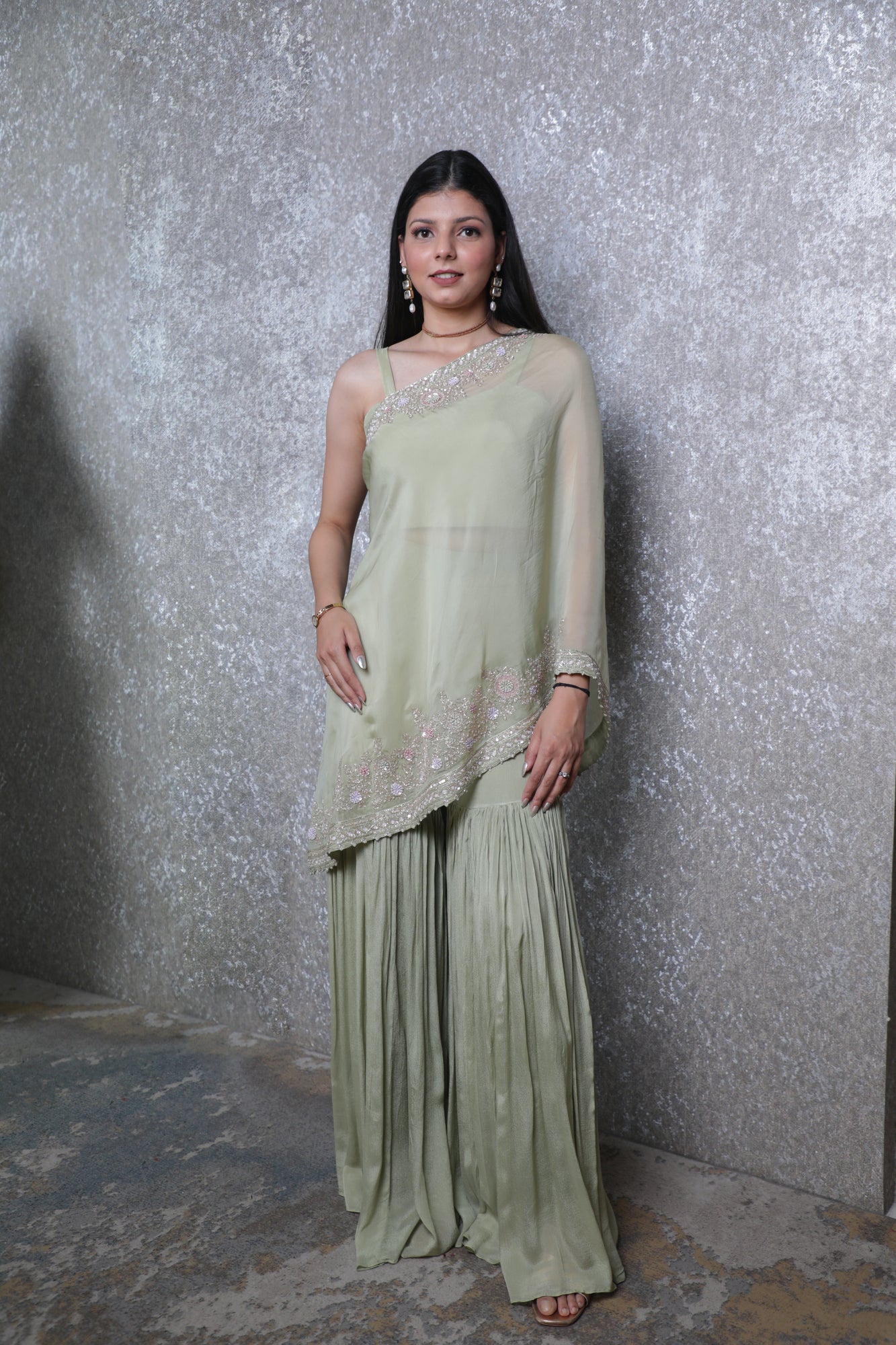 Zehra Pista Chinon Ponchu Sharara Set