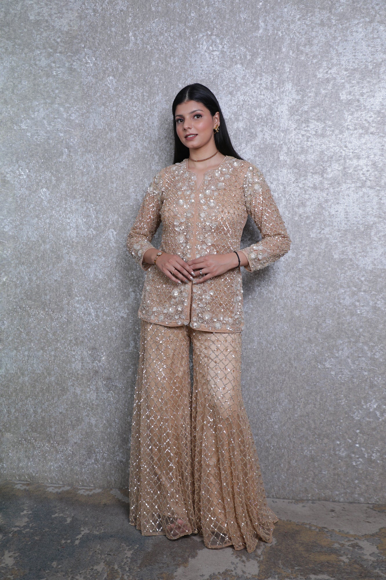 Zarisha Golden Net Short Shirt Sharara Set