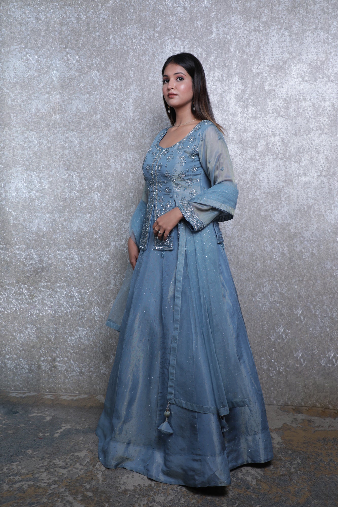 Ice Blue Silk Handwork Lehnga Shirt Set