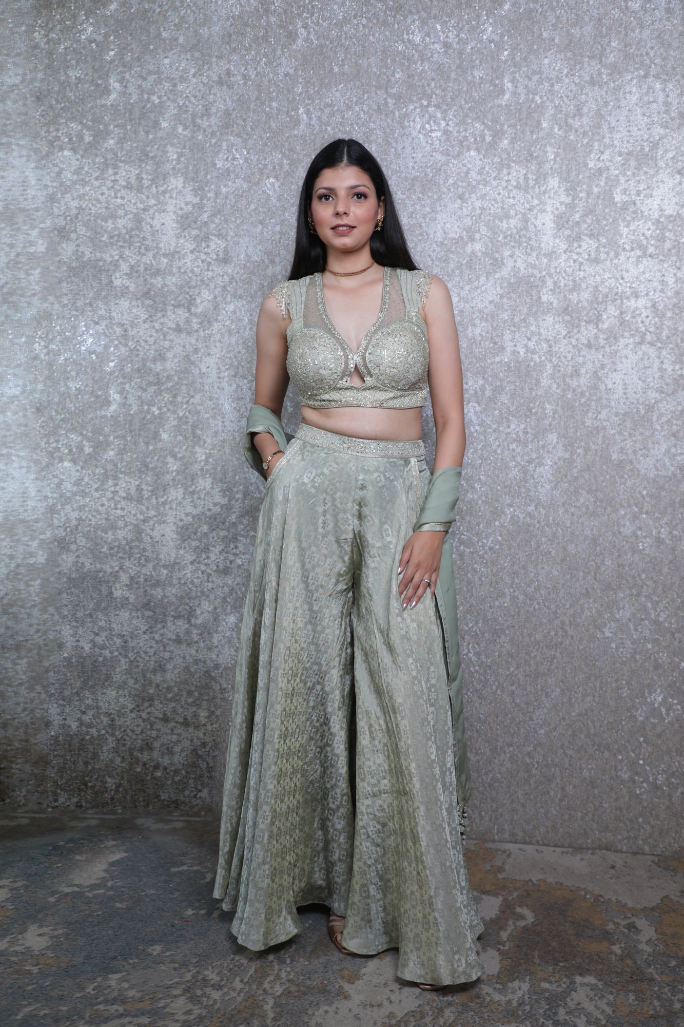 Pista Green Weaving Silk Blouse with Handwork Sharara Set