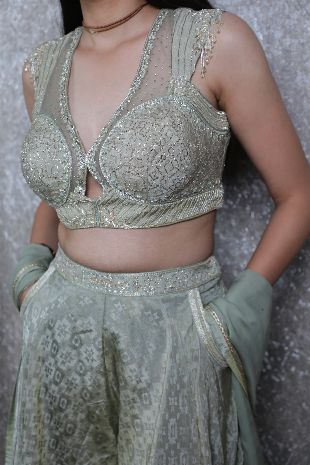 Pista Green Weaving Silk Blouse with Handwork Sharara Set