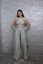 Pista Green Weaving Silk Blouse with Handwork Sharara Set