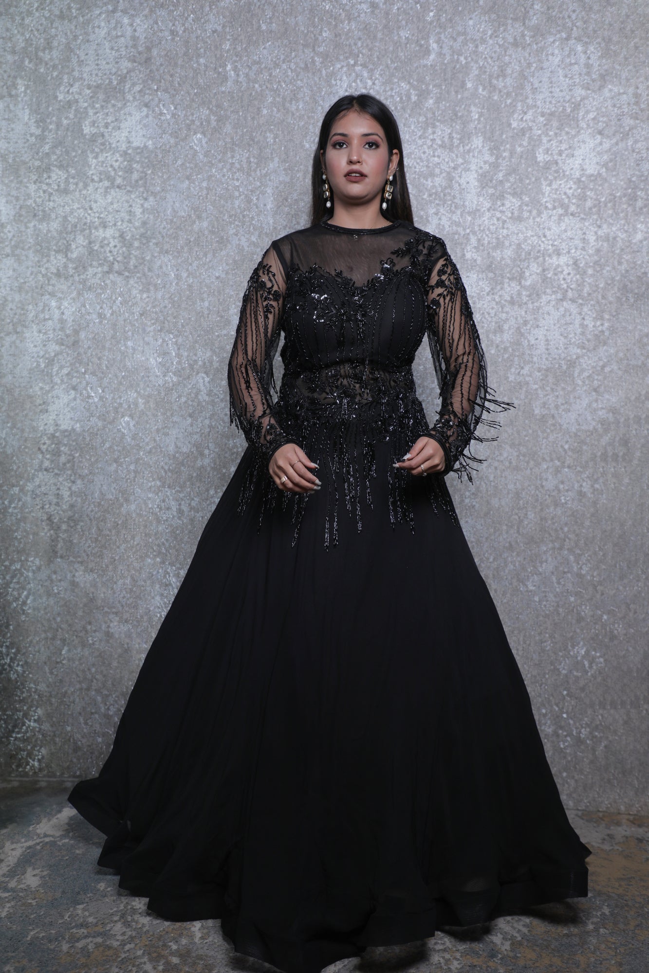 Navy Blue Georgette Handwork Indowestern Gown