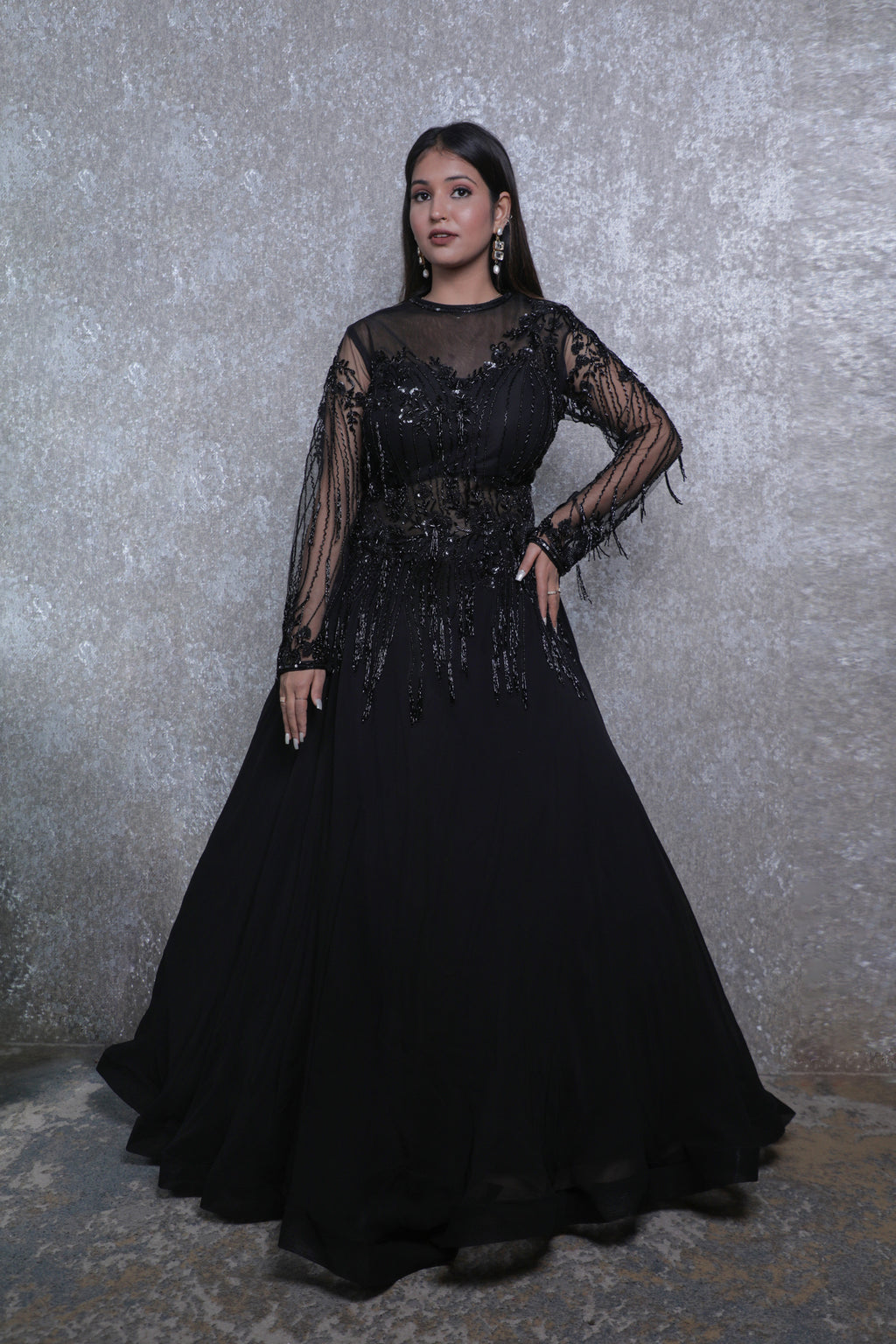 Navy Blue Georgette Handwork Indowestern Gown