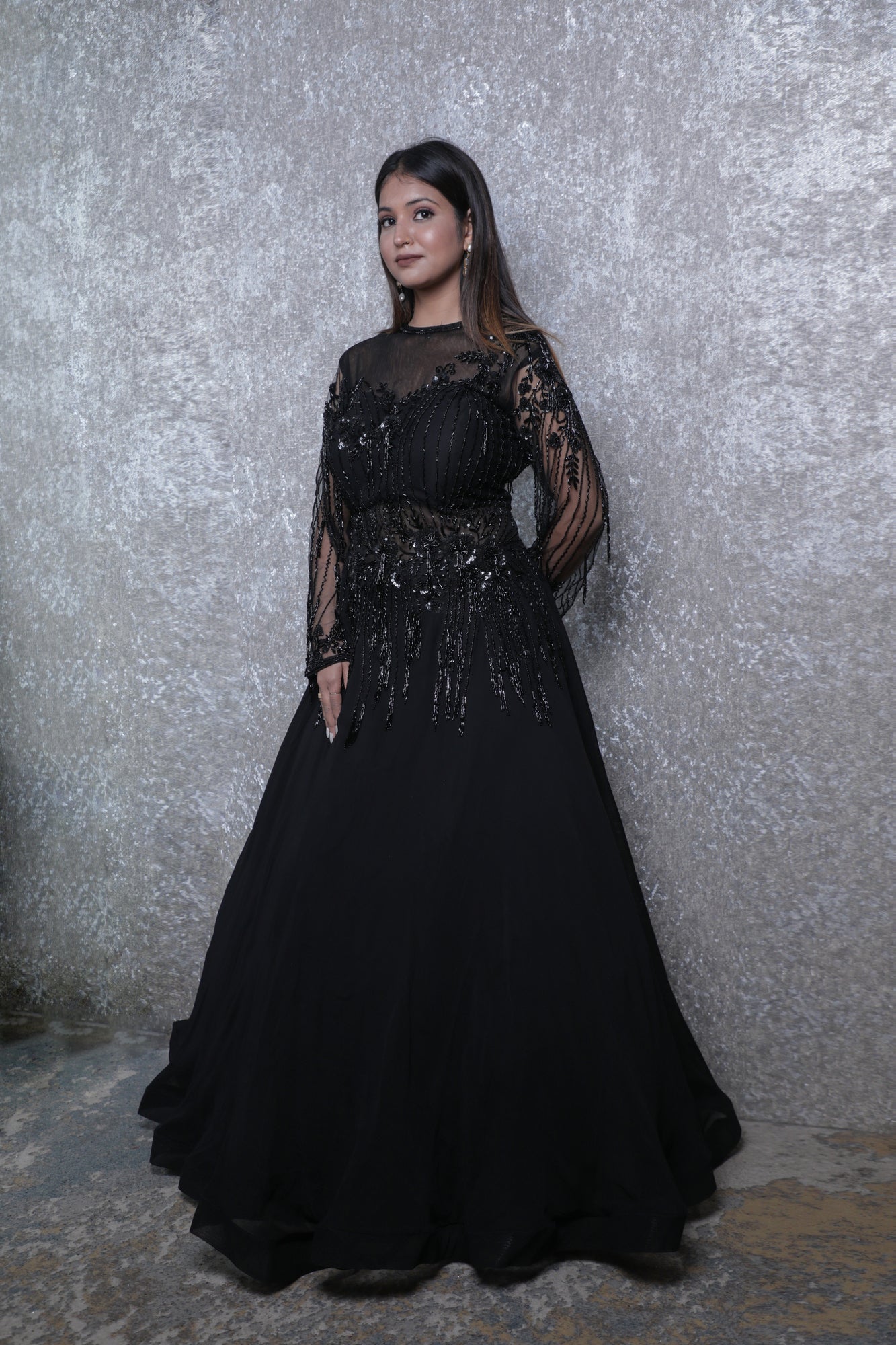 Navy Blue Georgette Handwork Indowestern Gown