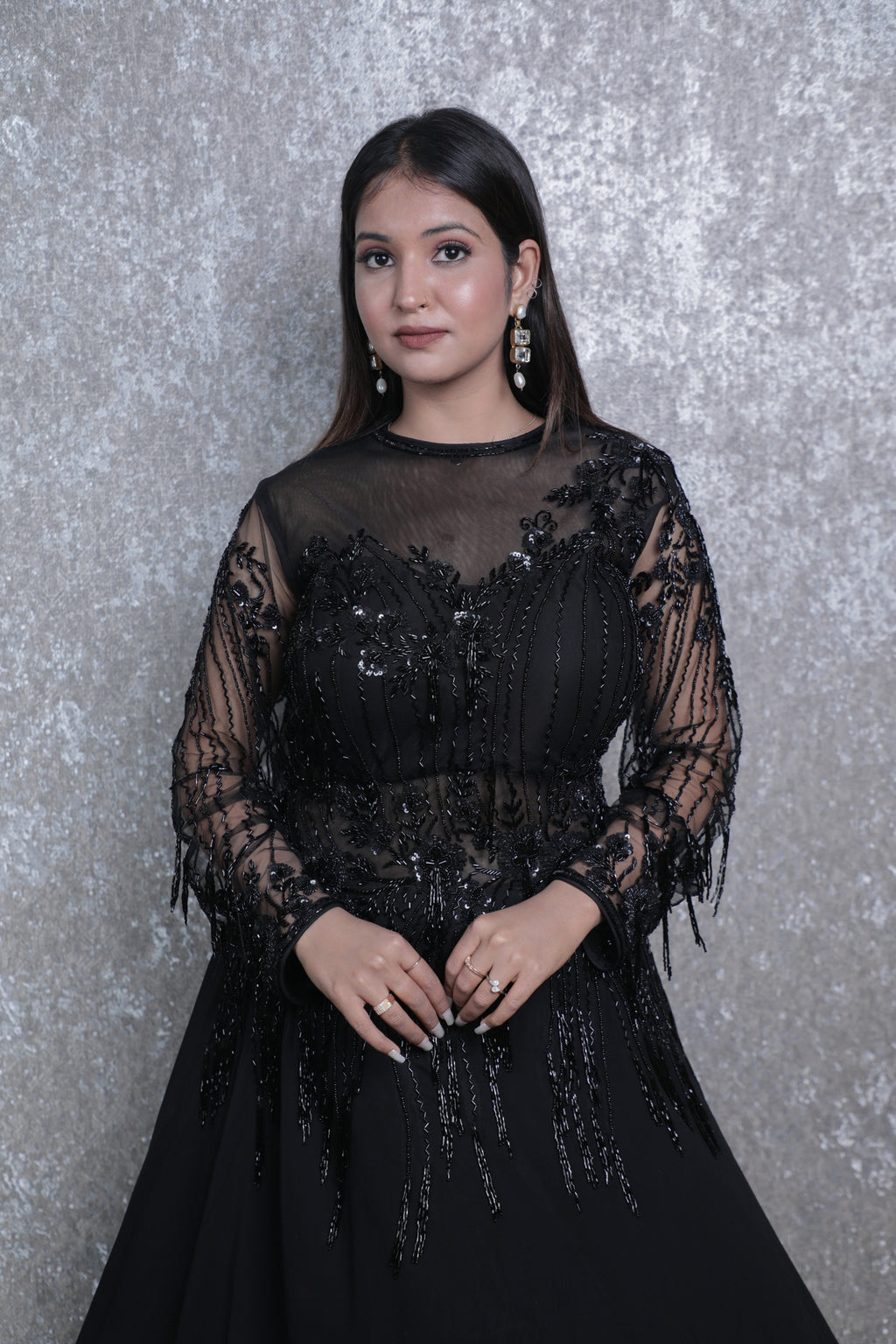 Navy Blue Georgette Handwork Indowestern Gown