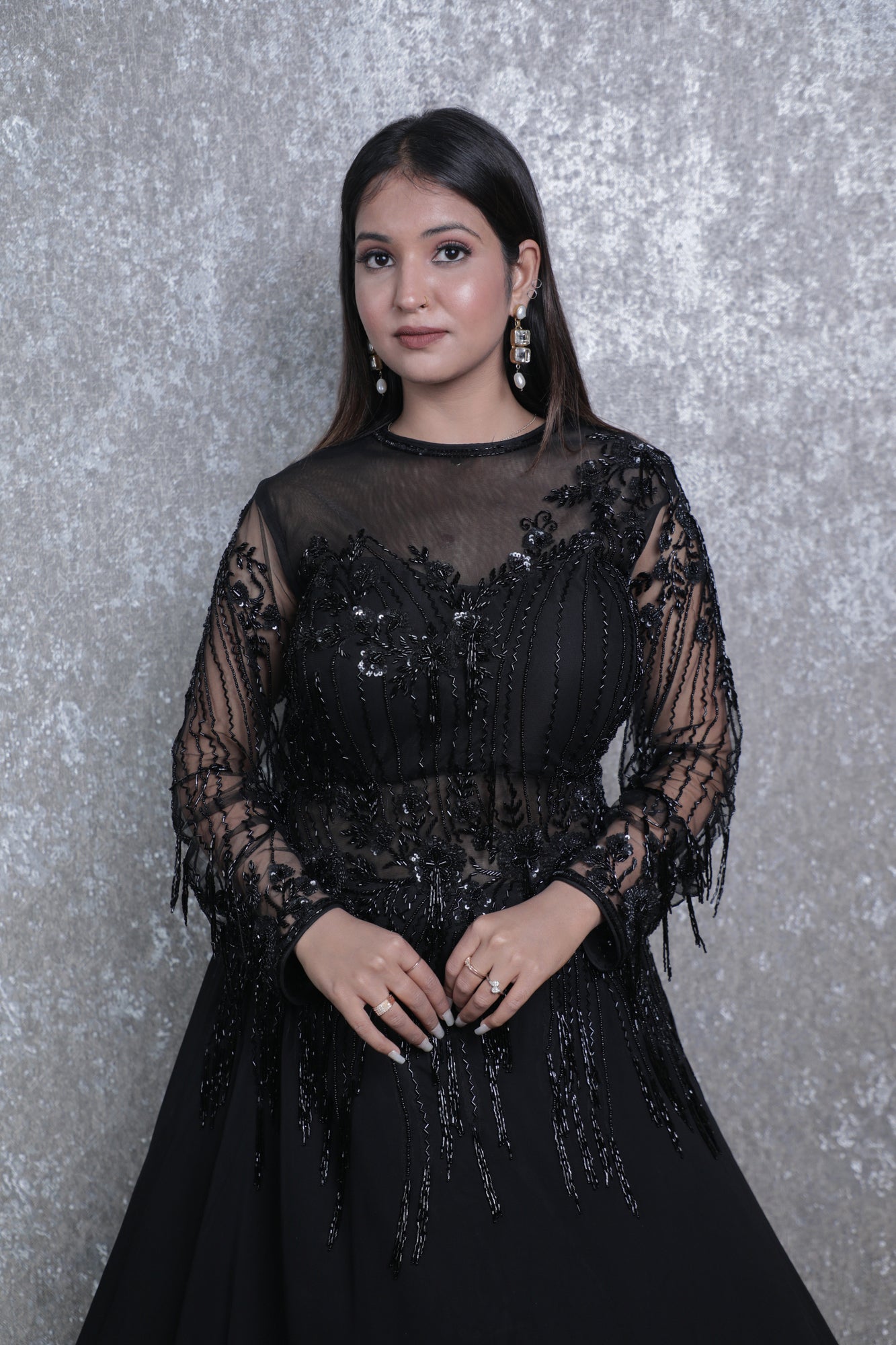 Navy Blue Georgette Handwork Indowestern Gown