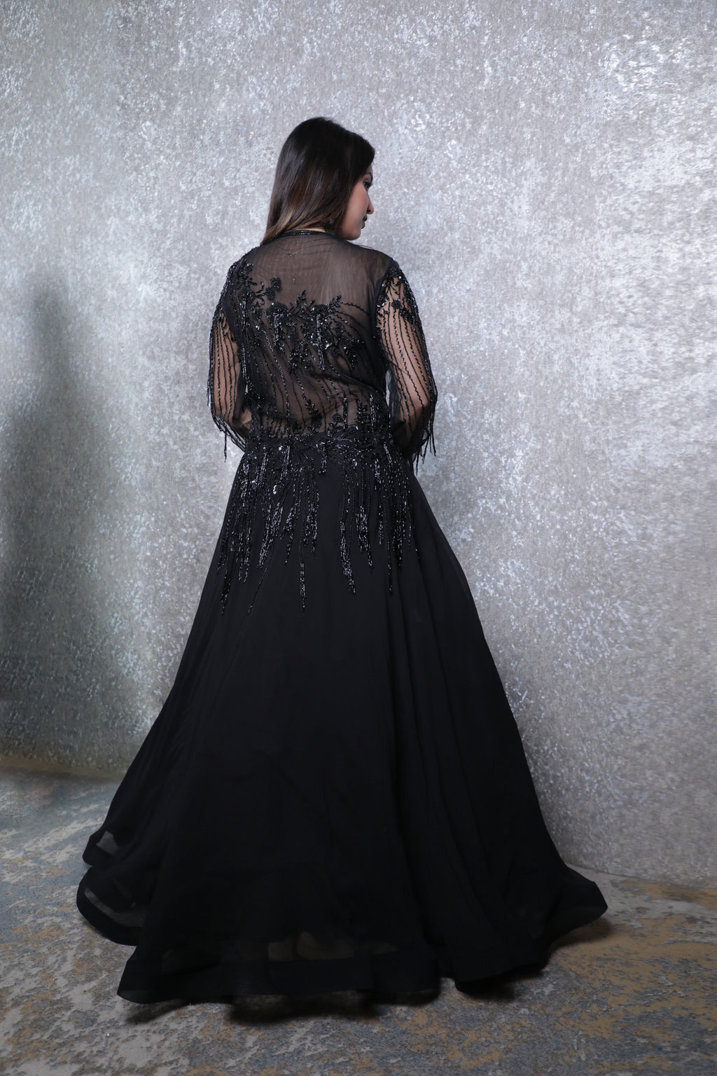 Navy Blue Georgette Handwork Indowestern Gown