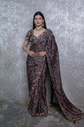 Black Multicolor Shimoy Satin Silk Printed Handwork Ready-Made Blouse Saree