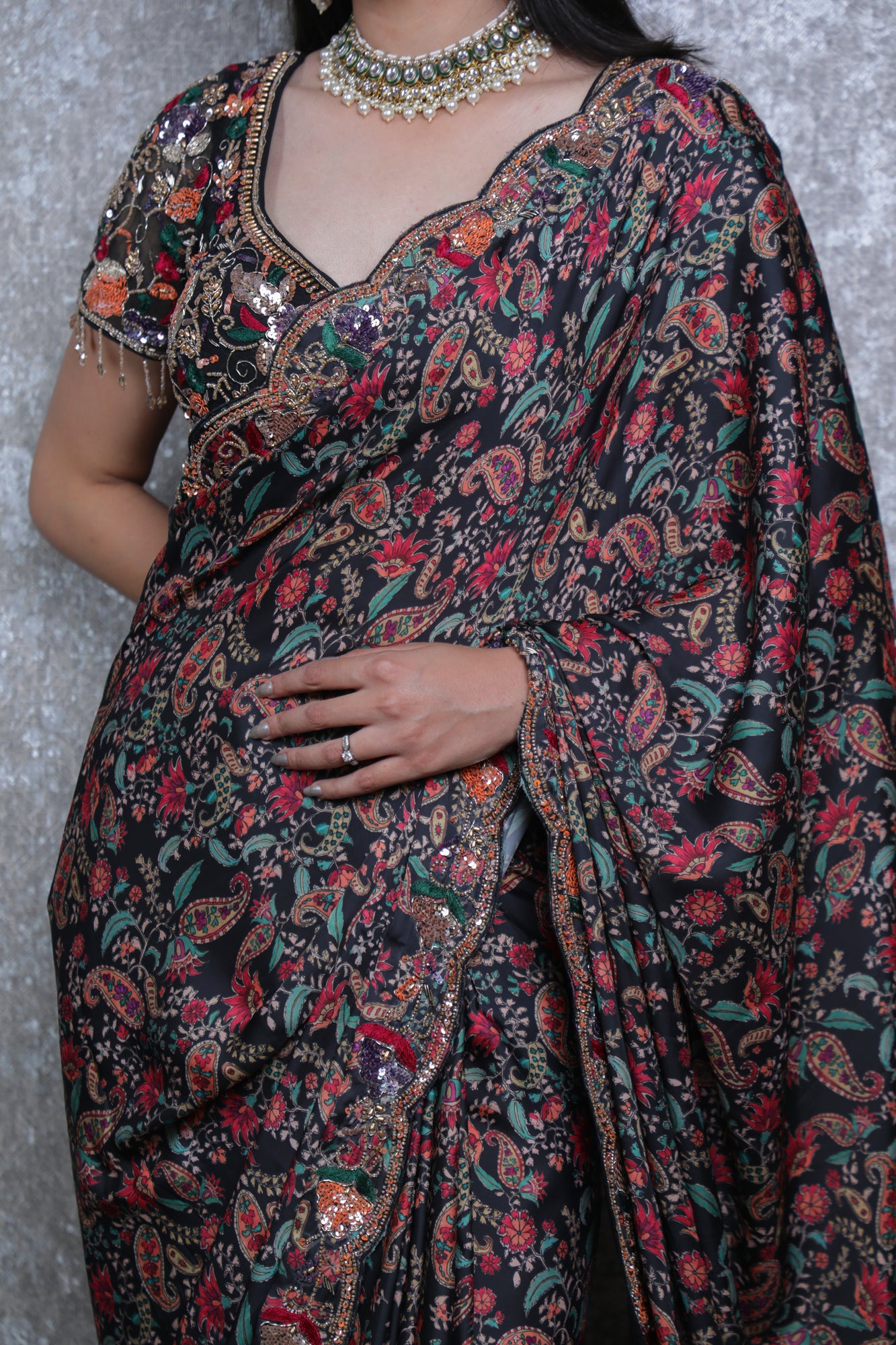 Black Multicolor Shimoy Satin Silk Printed Handwork Ready-Made Blouse Saree