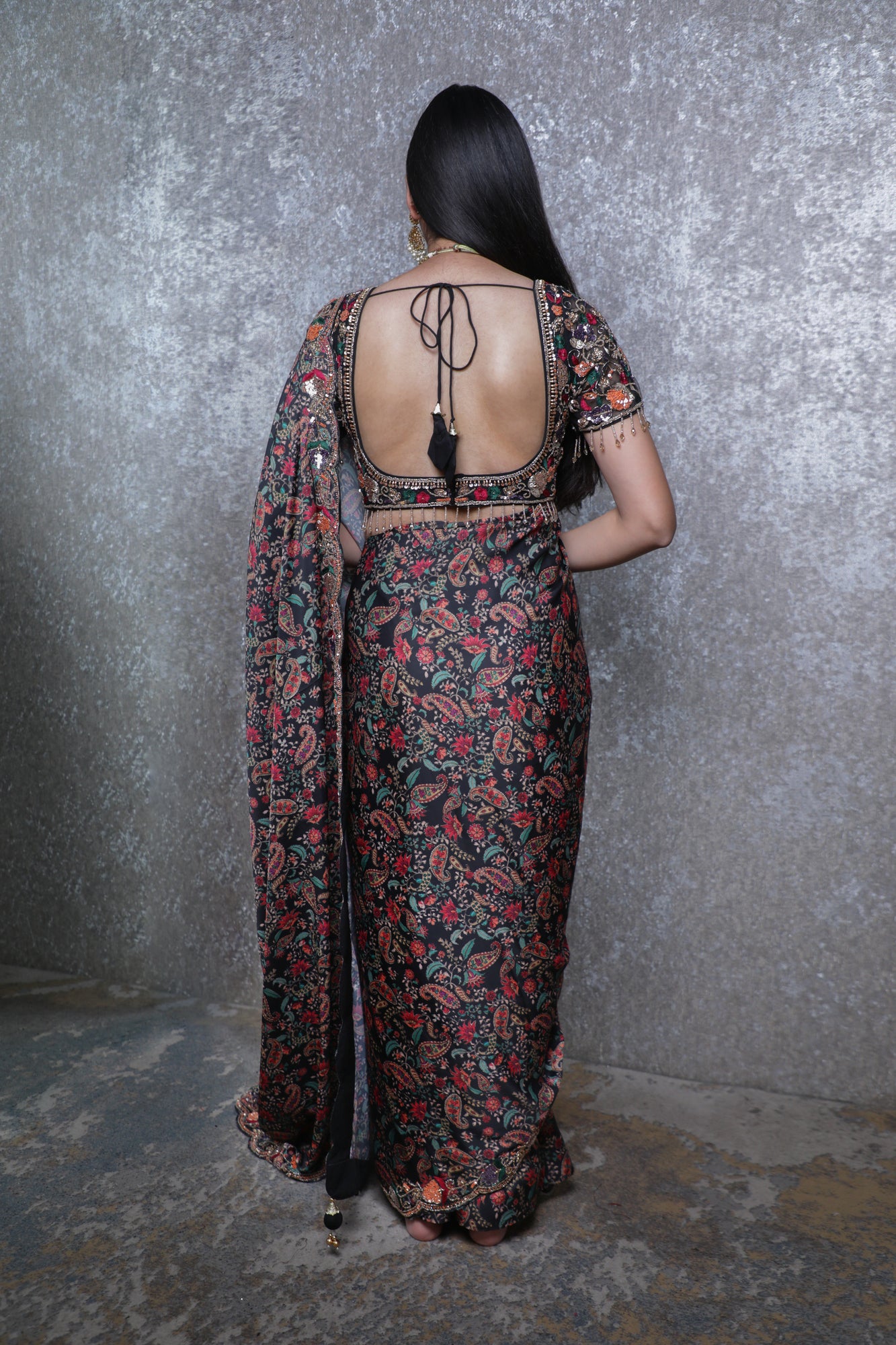 Black Multicolor Shimoy Satin Silk Printed Handwork Ready-Made Blouse Saree