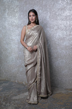 Golden Grey Crush Tissu Silk Handwork Beads & Sequin Ready-Made Blouse Saree