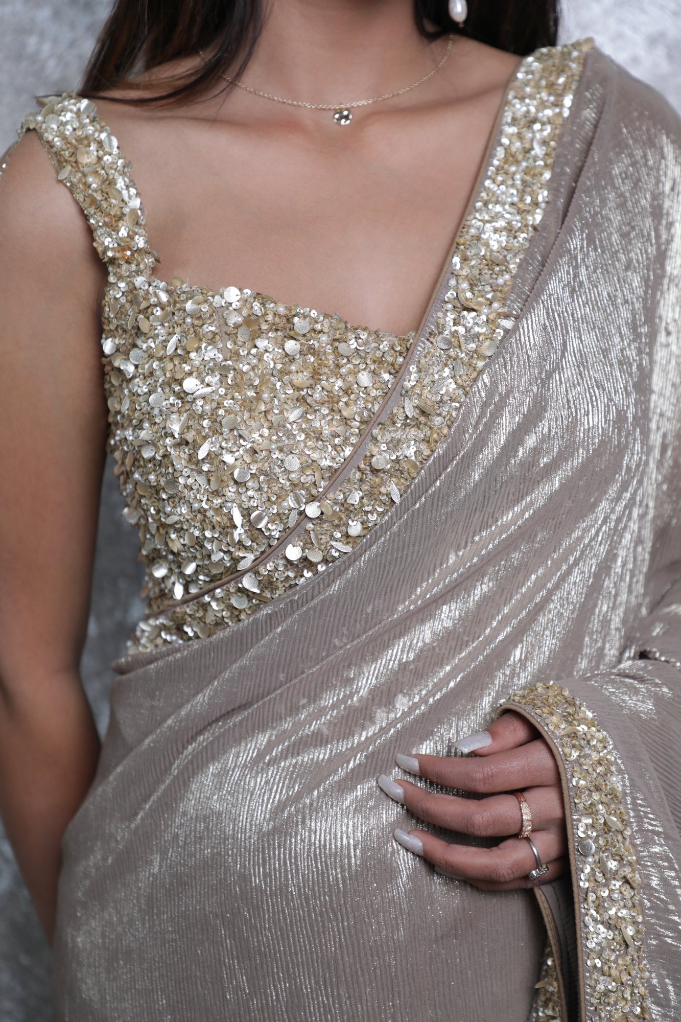 Golden Grey Crush Tissu Silk Handwork Beads & Sequin Ready-Made Blouse Saree