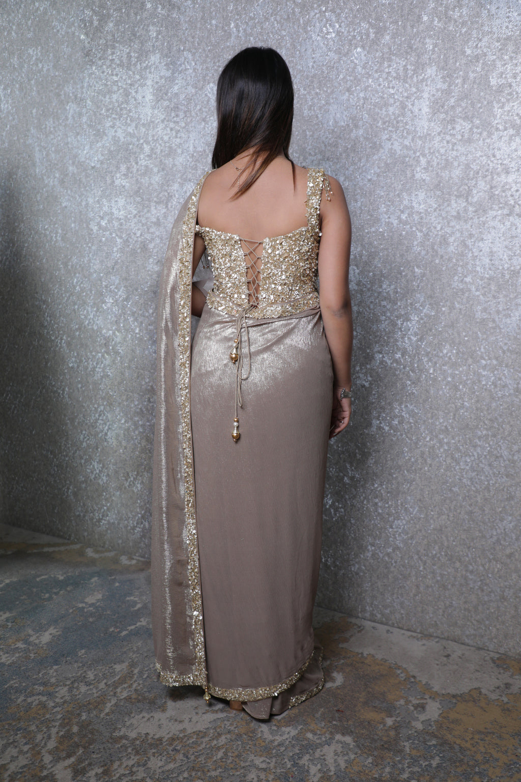 Golden Grey Crush Tissu Silk Handwork Beads & Sequin Ready-Made Blouse Saree