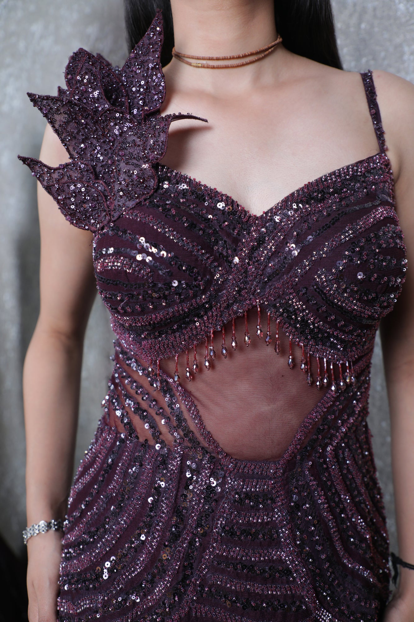 Wine Imported Net Handwork Fish Cut Gown