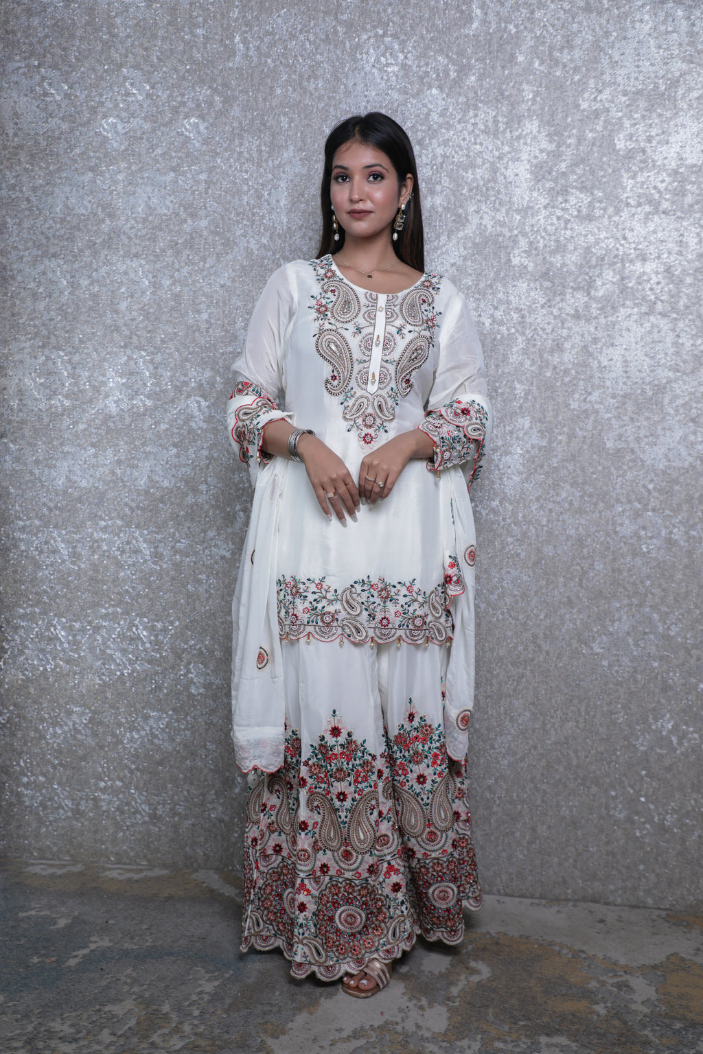 White Chinon Chiffon Silk Multi-Threadwork Short Shirt Sharara Suit
