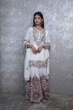 White Chinon Chiffon Silk Multi-Threadwork Short Shirt Sharara Suit