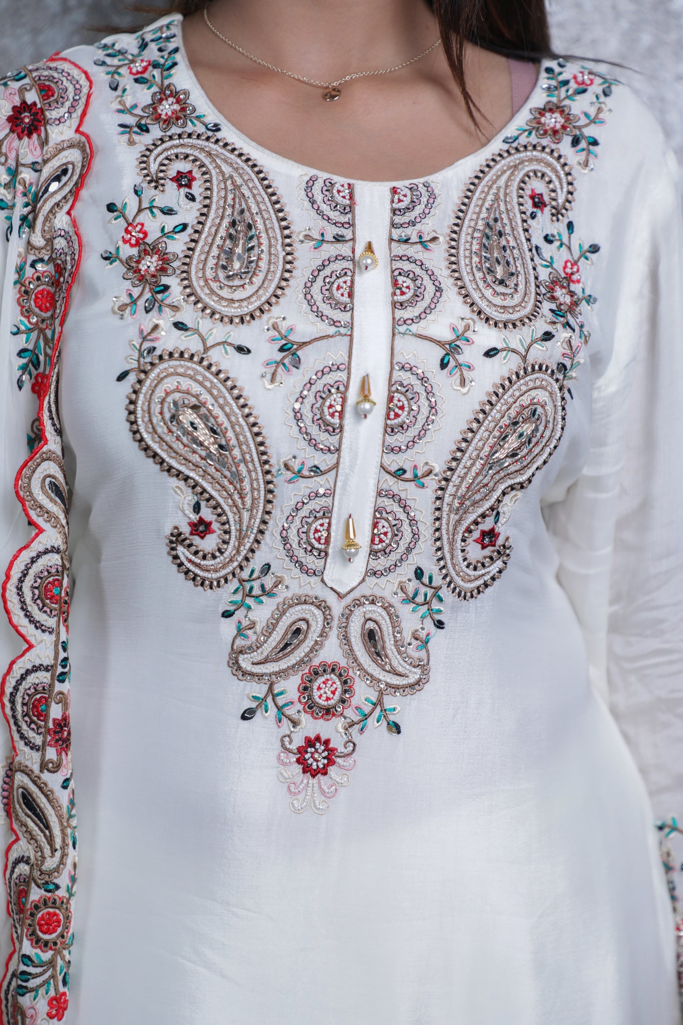 White Chinon Chiffon Silk Multi-Threadwork Short Shirt Sharara Suit