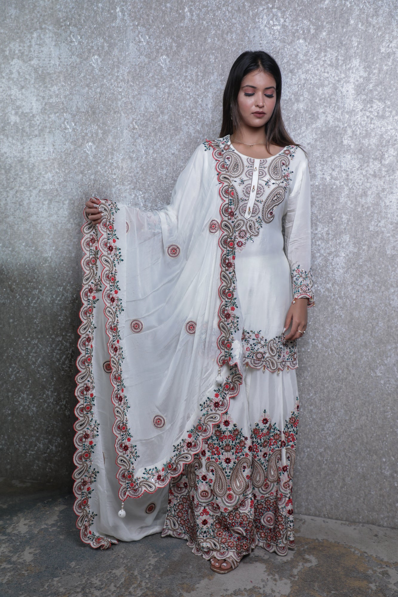 White Chinon Chiffon Silk Multi-Threadwork Short Shirt Sharara Suit