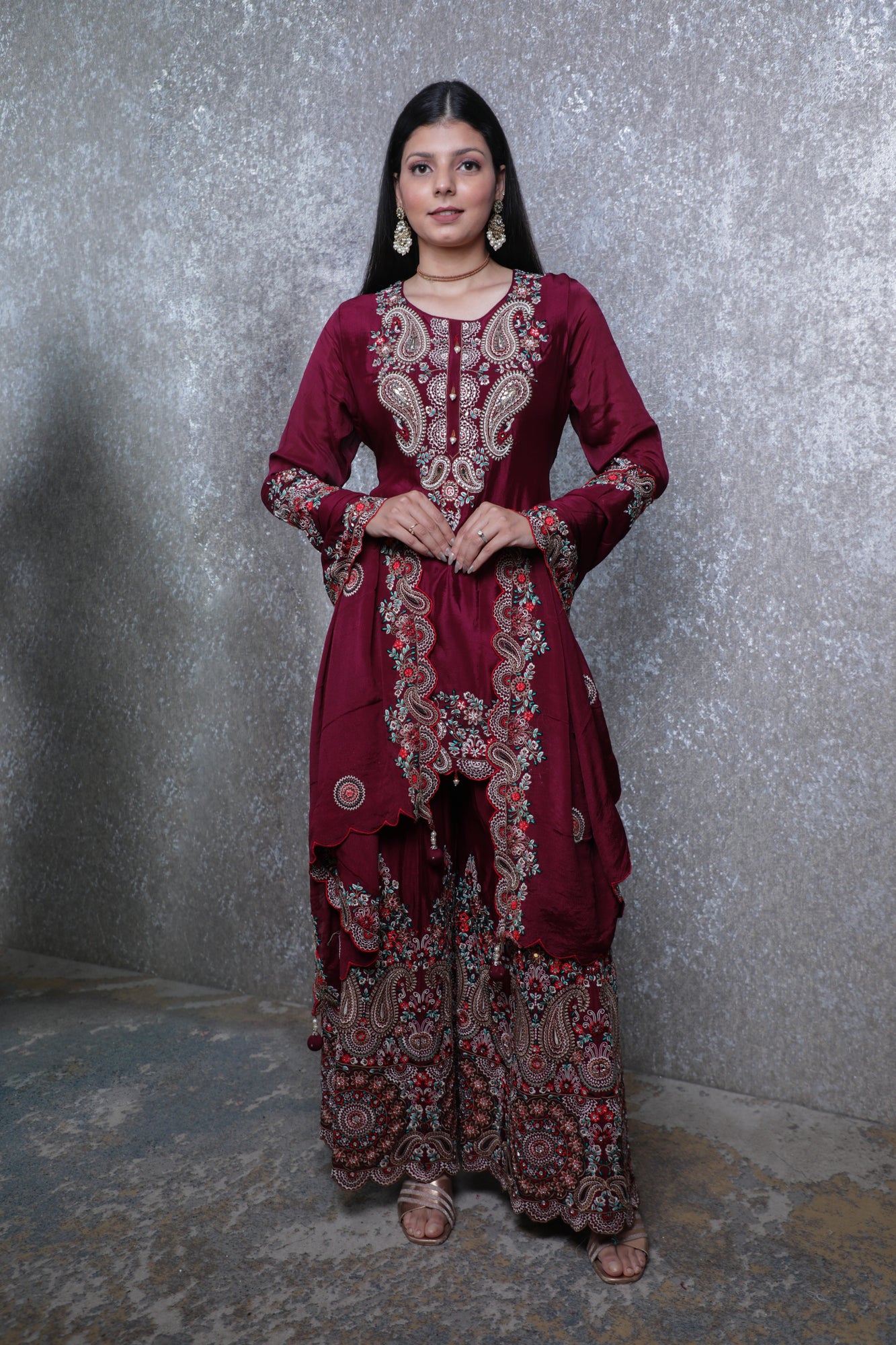 Wine Chinon Chiffon Silk Multi-Threadwork Short Shirt Sharara Suit